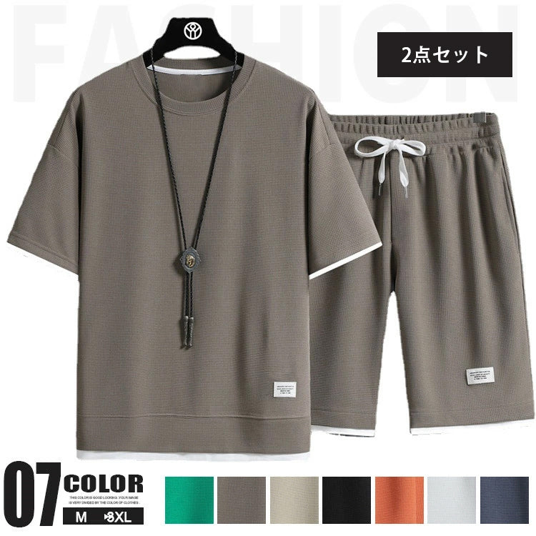 ID588 送料無料 ジャージ上下 メンズ 半袖 セットアップ 上下セット 無地Tシャツ 短パン ワッフル編み スポーツウェア ハーフパンツ ルームウェア お兄系 パジャマ ナイトウェア 春 夏用 ランニング ウォーキング 散歩 メンズファッション あす楽