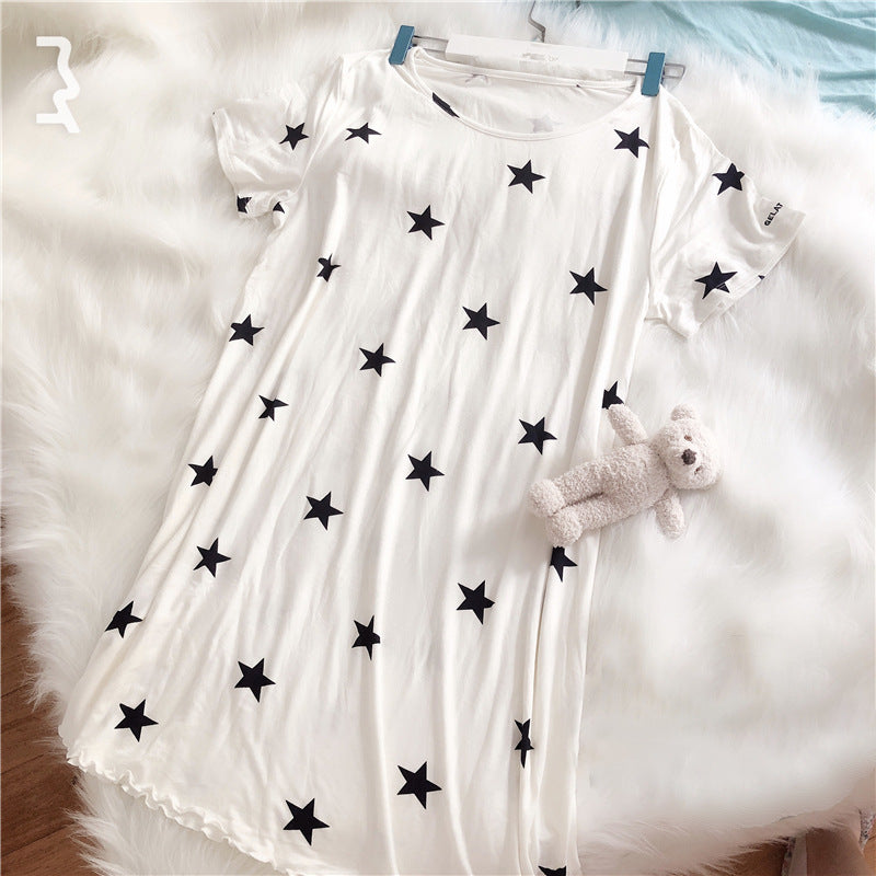 ID638 ワンピース パジャマ 星柄 モダール パジャマ レディース 夏 半袖 可愛い 快適 おしゃれ プリント 外出可